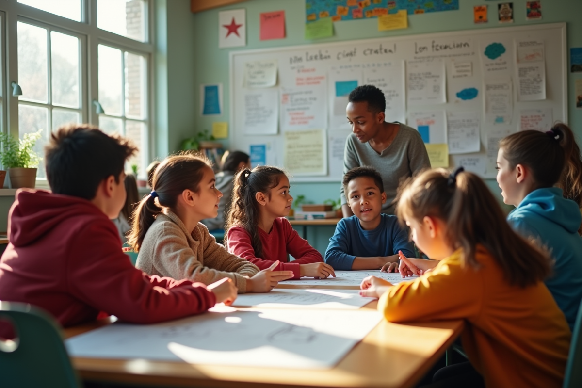 Enfants divers collaborant dans une classe Freinet dynamique