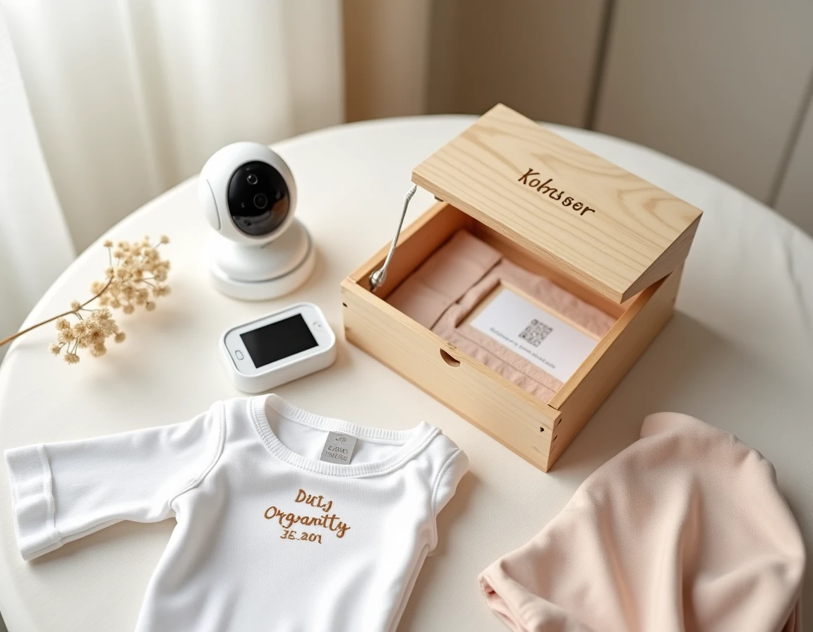 Flat-lay d'un coffret cadeau de naissance personnalisé avec moniteur connecté, boîte en bois gravée et body brodé, idée cadeau naissance high-tech tendance 2026