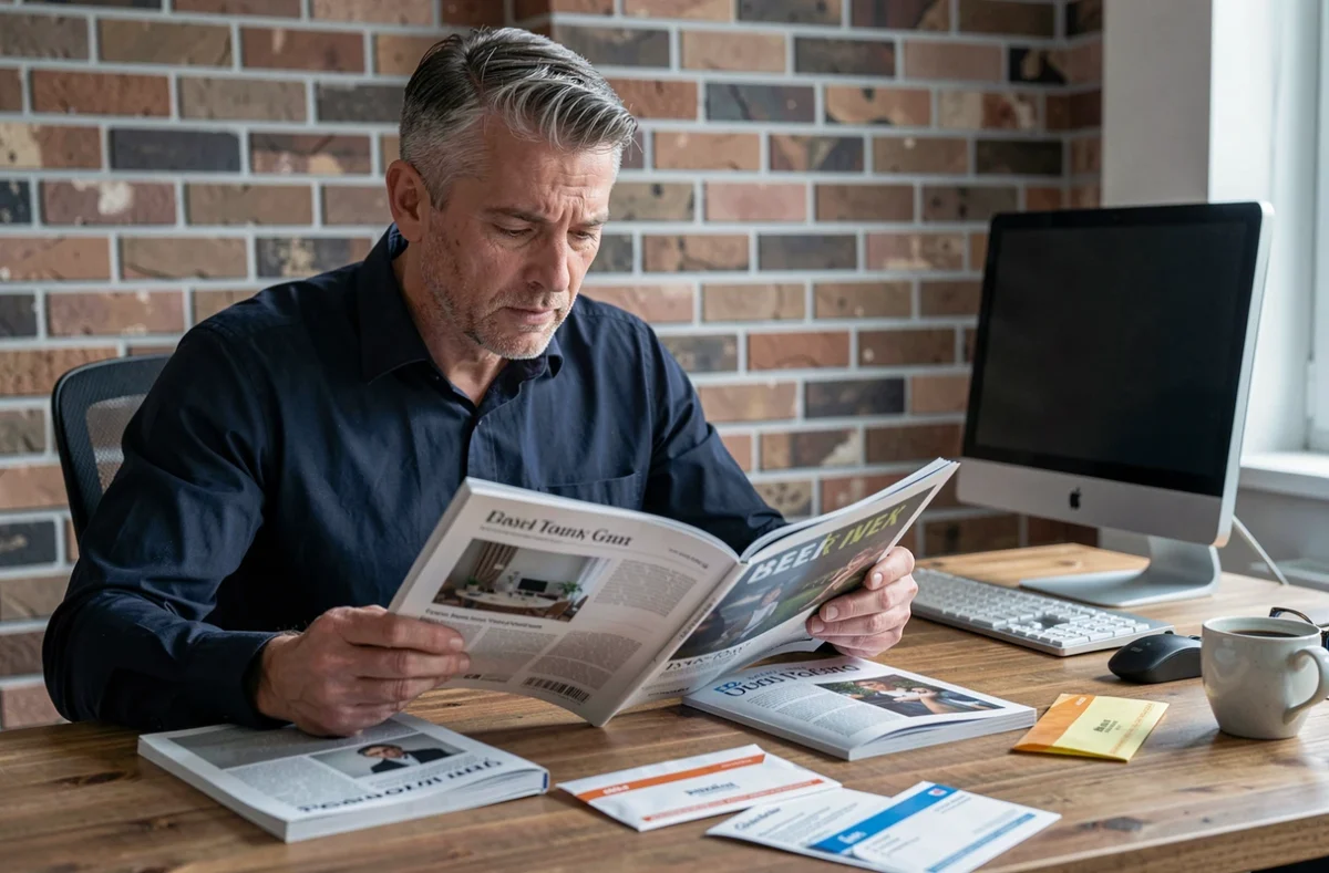 Homme comparant des abonnements presse flexibles sur son bureau à domicile avec plusieurs magazines ouverts