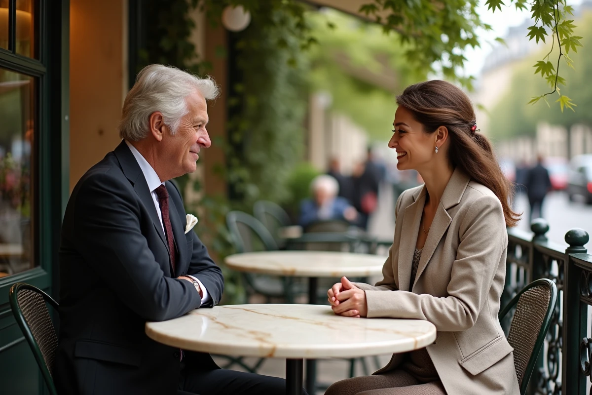 Deux personnes discutant dans un café parisien en plein air