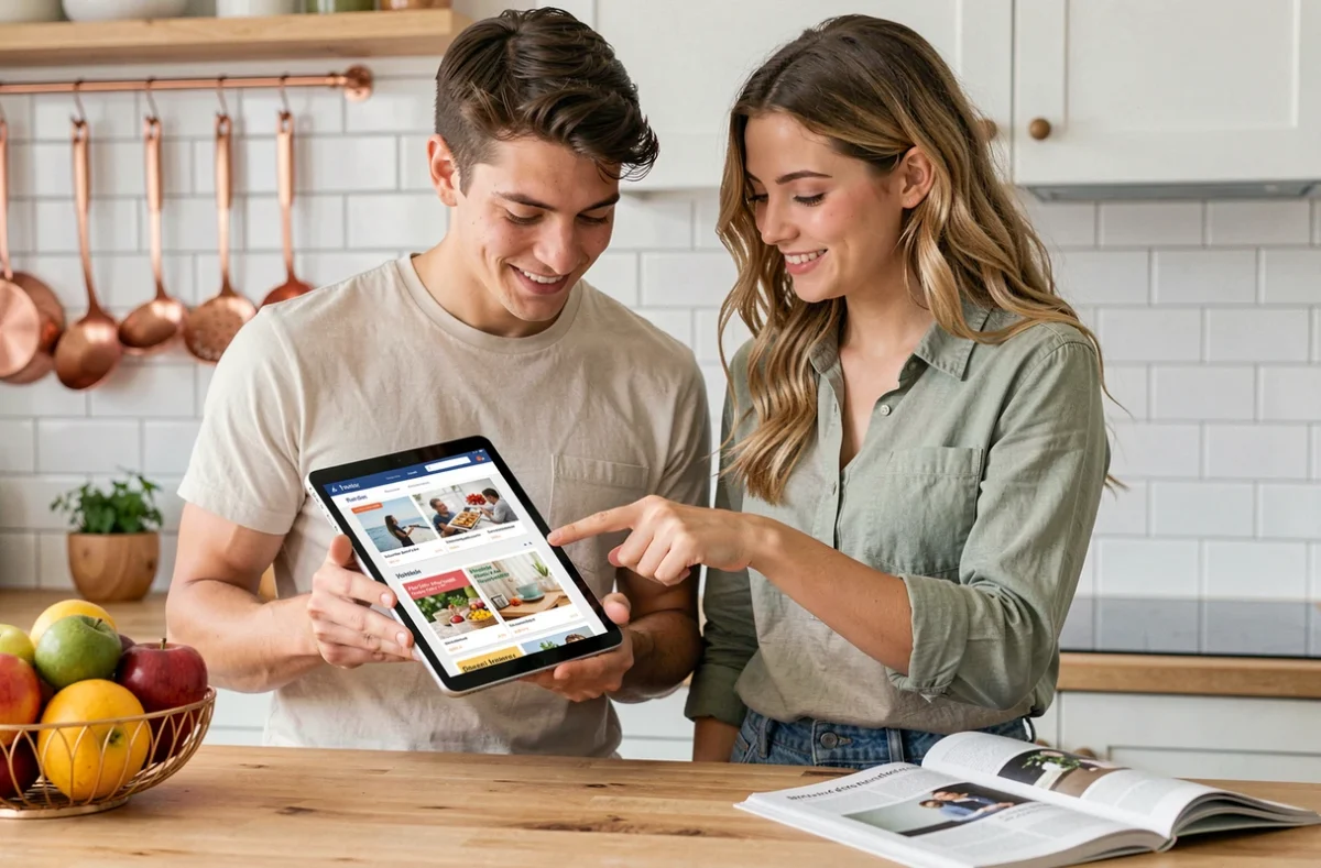 Couple consultant une interface d'abonnement magazine numérique dans une cuisine moderne avec revue papier