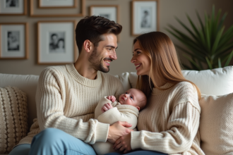 Jeune couple avec bébé dans un salon chaleureux