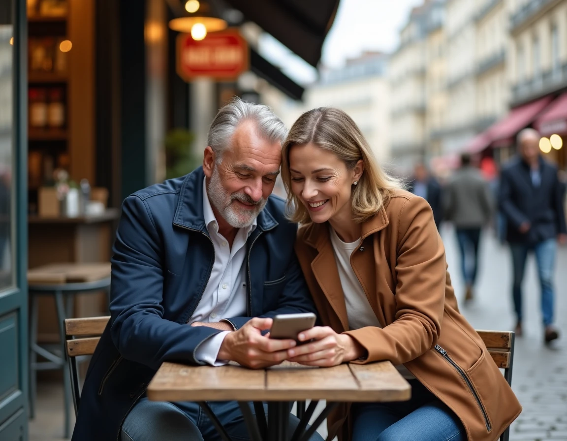 Couple de quinquagénaires partageant un moment sur leur téléphone en terrasse de café parisien, symbole de l'omniprésence des réseaux sociaux dans la vie amoureuse