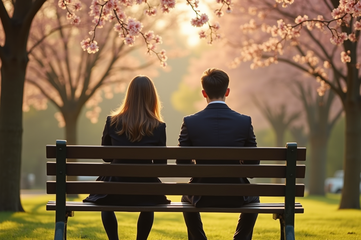 Couple séparé sur un banc dans un parc en fleurs