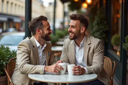 Deux hommes souriants assis en terrasse de café parisien, illustrant une histoire d'amour complice et moderne