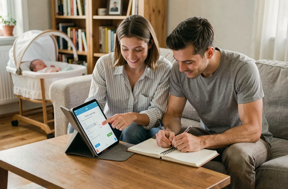 Couple de jeunes parents consultant ensemble la simulation de congé parental sur une tablette à la maison