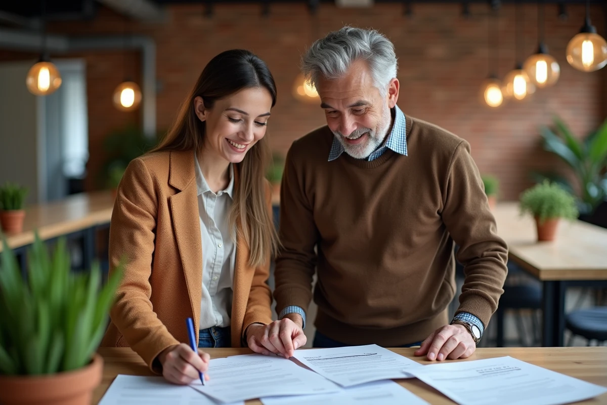 Couple de professionnels discutant de documents dans un espace de co-working moderne avec murs en briques