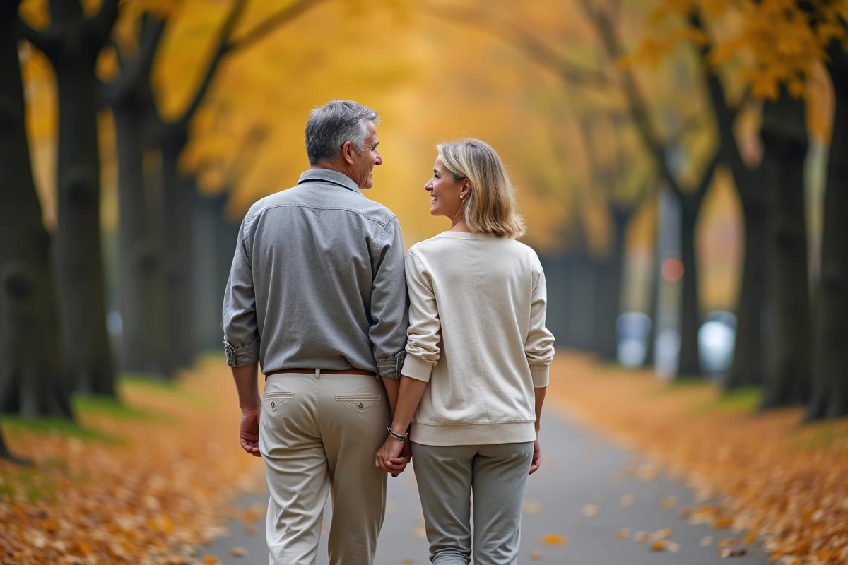Couple en promenade dans un parc parisien en automne évoquant une histoire sentimentale durable