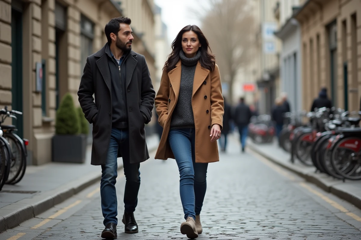 Couple marchant ensemble dans une rue parisienne, femme m&eacute;diatique accompagn&eacute;e de son mari