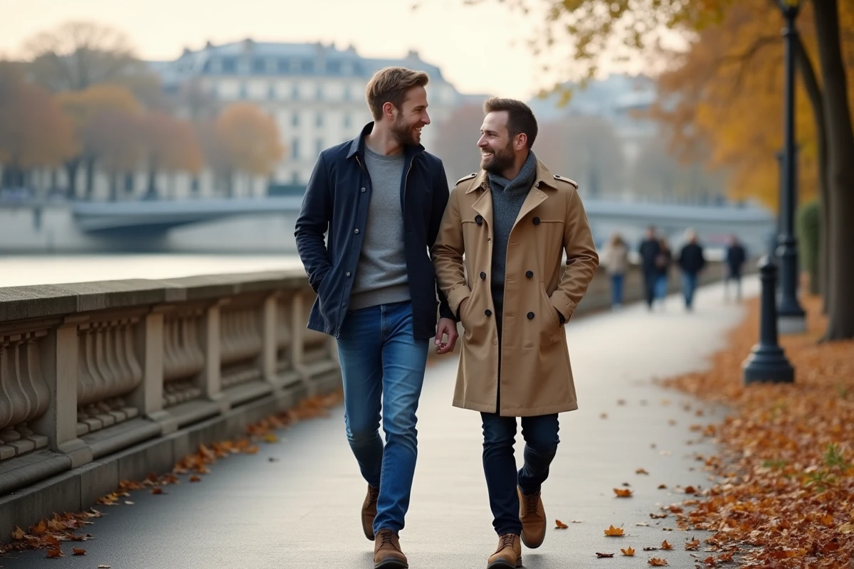 Deux hommes se promenant au bord de la Seine à Paris en automne, couple complice dans un décor urbain romantique