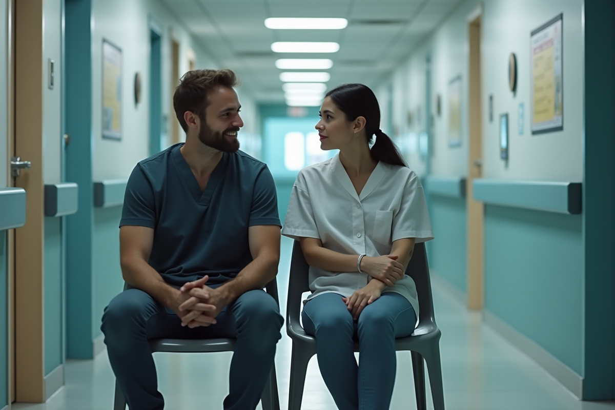 Jeune couple attendant dans un couloir de clinique médicale