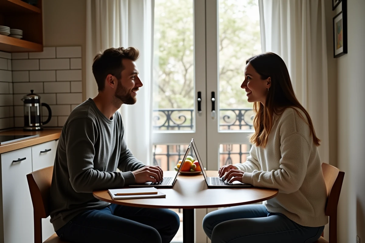 Couple en télétravail discutant autour d'une table de cuisine dans un appartement cosy le matin