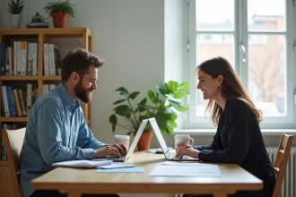 Couple travaillant ensemble à un bureau partagé dans un espace de travail à domicile moderne et chaleureux