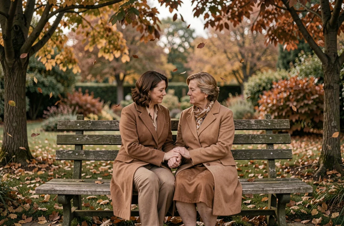 Deux femmes adultes se tenant la main sur un banc en automne en signe de deuil et de solidarité familiale