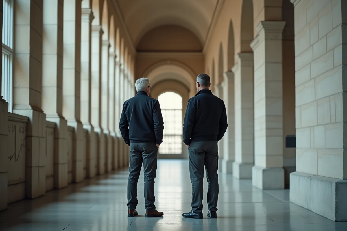 Deux hommes adultes séparés dans un couloir institutionnel, évoquant l'ambiguïté et les zones d'ombre de la relation entre Pierre Haroche et son frère Raphaël
