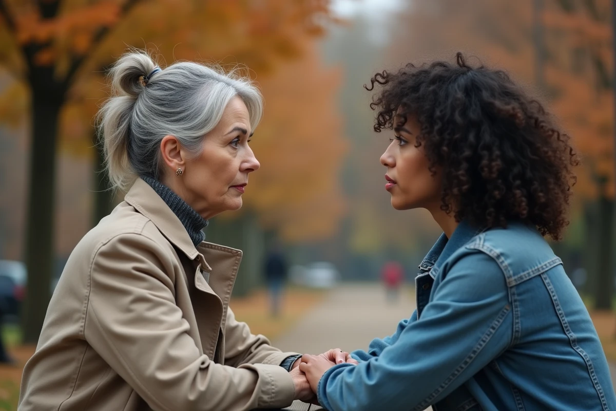 Mère et fille adulte assises sur un banc de parc en automne, échangeant une conversation difficile avec des expressions retenues, symbolisant la tension et le désir de dialogue entre générations