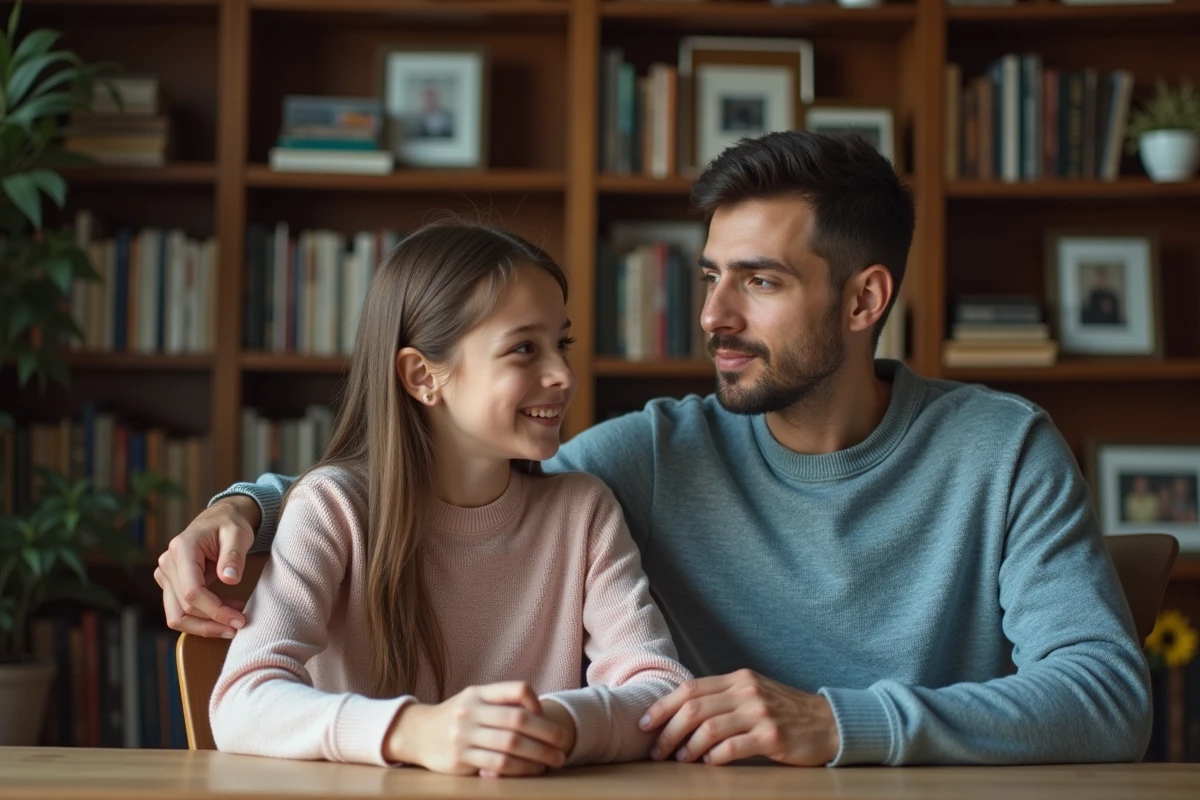Homme assis avec une adolescente dans un bureau familial