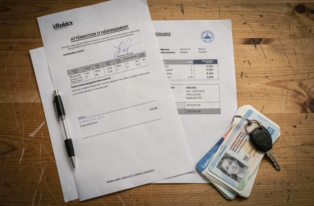 Vue aérienne de documents administratifs pour justificatif de domicile incluant attestation d'hébergement et factures