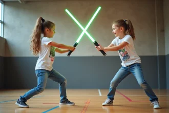 Deux adolescents en duel avec des sabres laser dans un gymnase