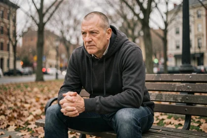 Homme seul assis sur un banc de parc en automne, attitude introspective évoquant la vie privée et sentimentale d'Eminem