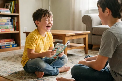 Enfant de 8 ans riant en lisant un livre de blagues dans un salon familial sans écrans