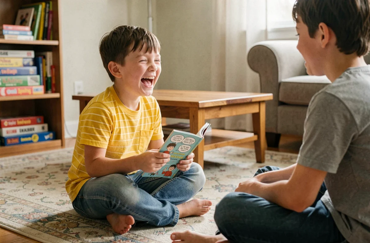 Enfant de 8 ans riant en lisant un livre de blagues dans un salon familial sans écrans