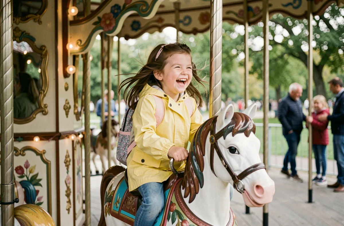Petite fille souriante sur un cheval de carrousel dans un parc d'attractions adapté aux enfants
