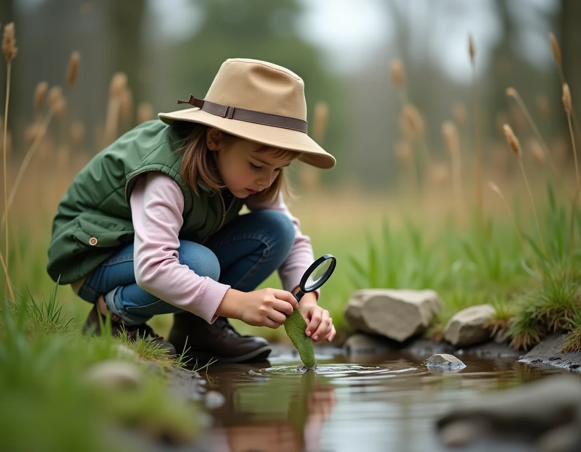 Fillette en tenue d'exploratrice observant la nature avec une loupe lors d'une sortie découverte en centre de loisirs