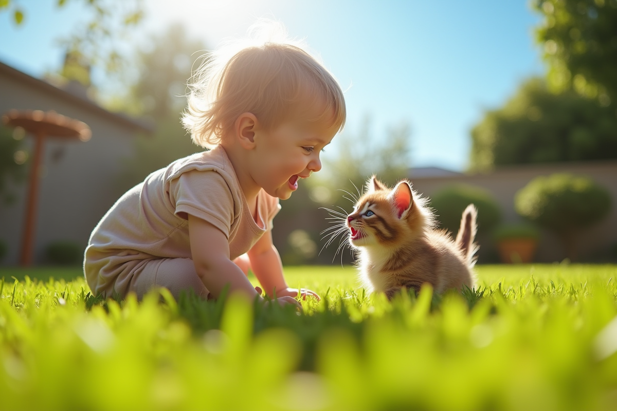 Enfant jouant dans le jardin avec un chaton joyeux