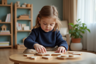 Fille calme de 4 ans construisant un puzzle en bois dans un salon