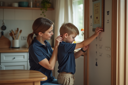 Jeune garçon mesurant sa taille avec sa mère dans la cuisine