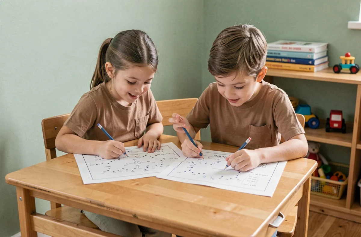 Deux enfants assis côte à côte dans une chambre qui font chacun un dessin à relier sur des feuilles d'exercices