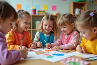Groupe d'enfants créant des cartes pour la fête des mères
