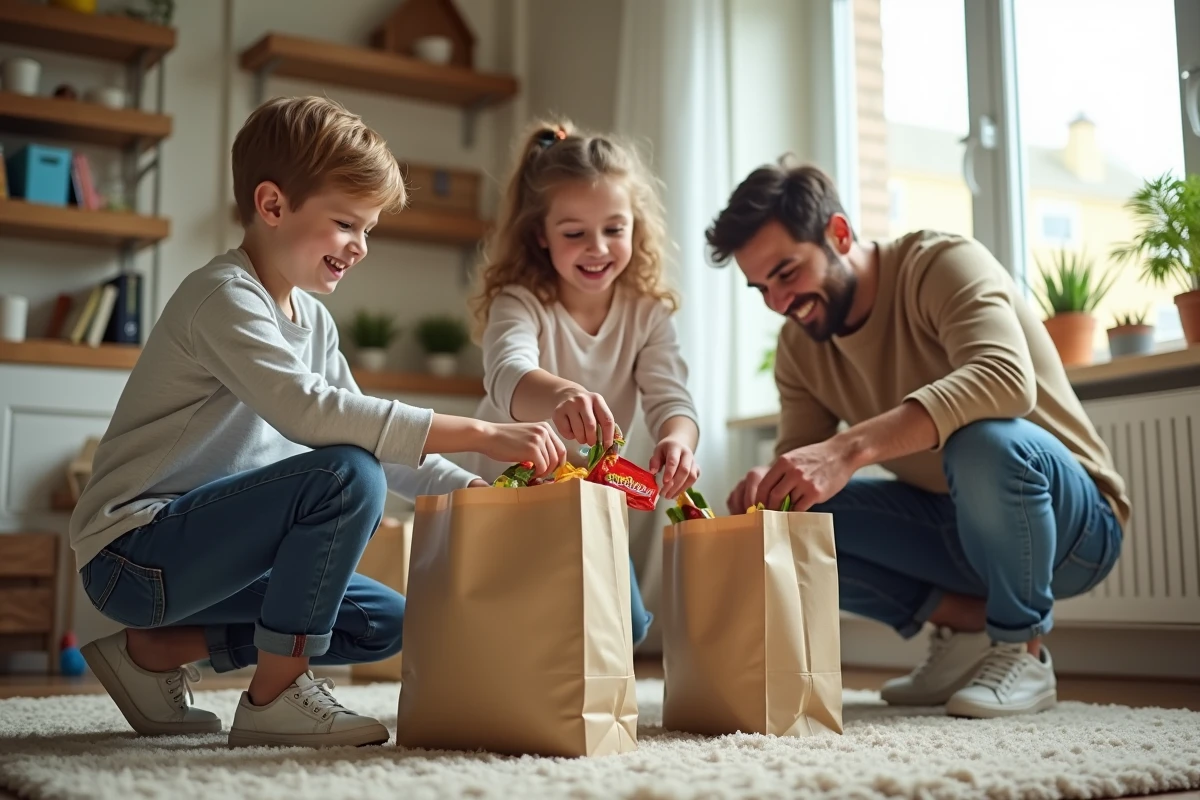 Enfants déchargeant les courses dans le salon familial