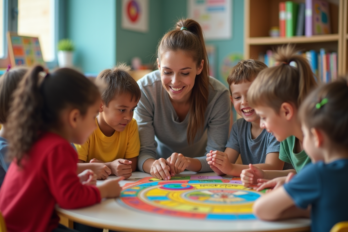 Enfants en classe jouant avec un enseignant souriant