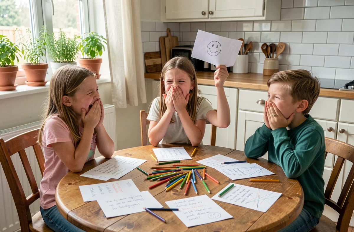 Trois enfants de 8 ans qui rient ensemble en inventant des blagues autour d'une table de cuisine