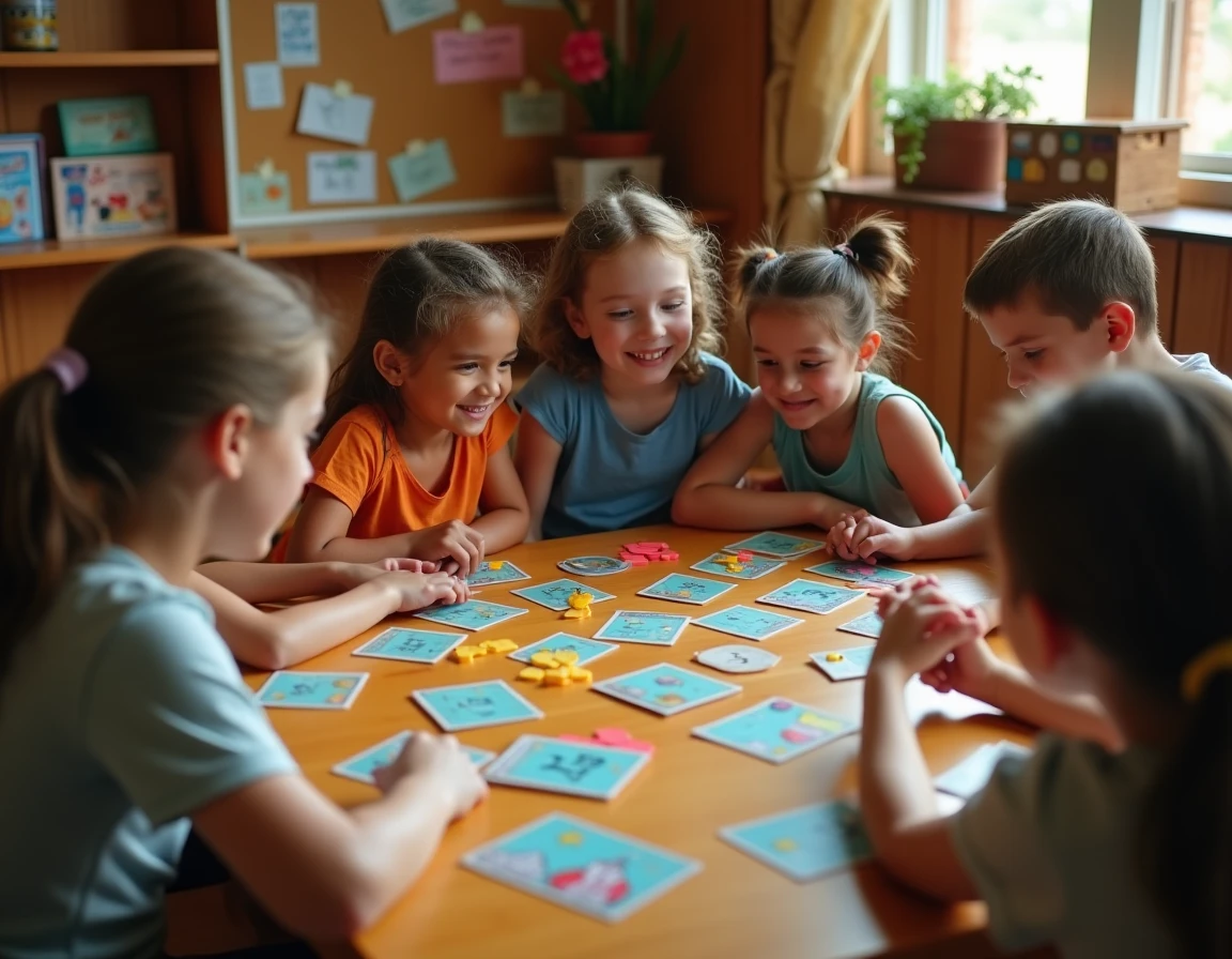 Groupe d'enfants jouant ensemble à un jeu de société coopératif dans une salle d'activités de centre de loisirs