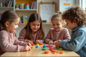 Groupe d'enfants jouant à un jeu de mémoire coloré en classe