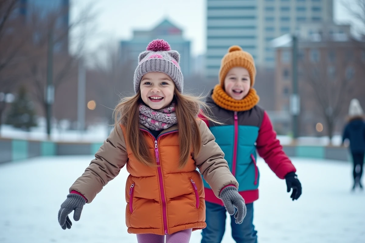 Enfants patinant sur une patinoire extérieure de Montréal pendant les vacances scolaires d'hiver