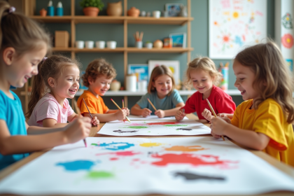 Enfants peignant ensemble dans une classe lumineuse