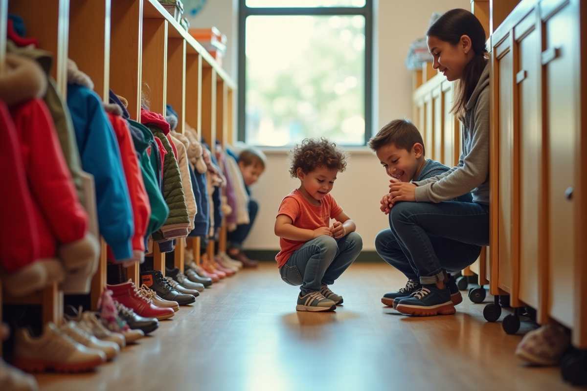enfants rangent leurs affaires dans la classe maternelle