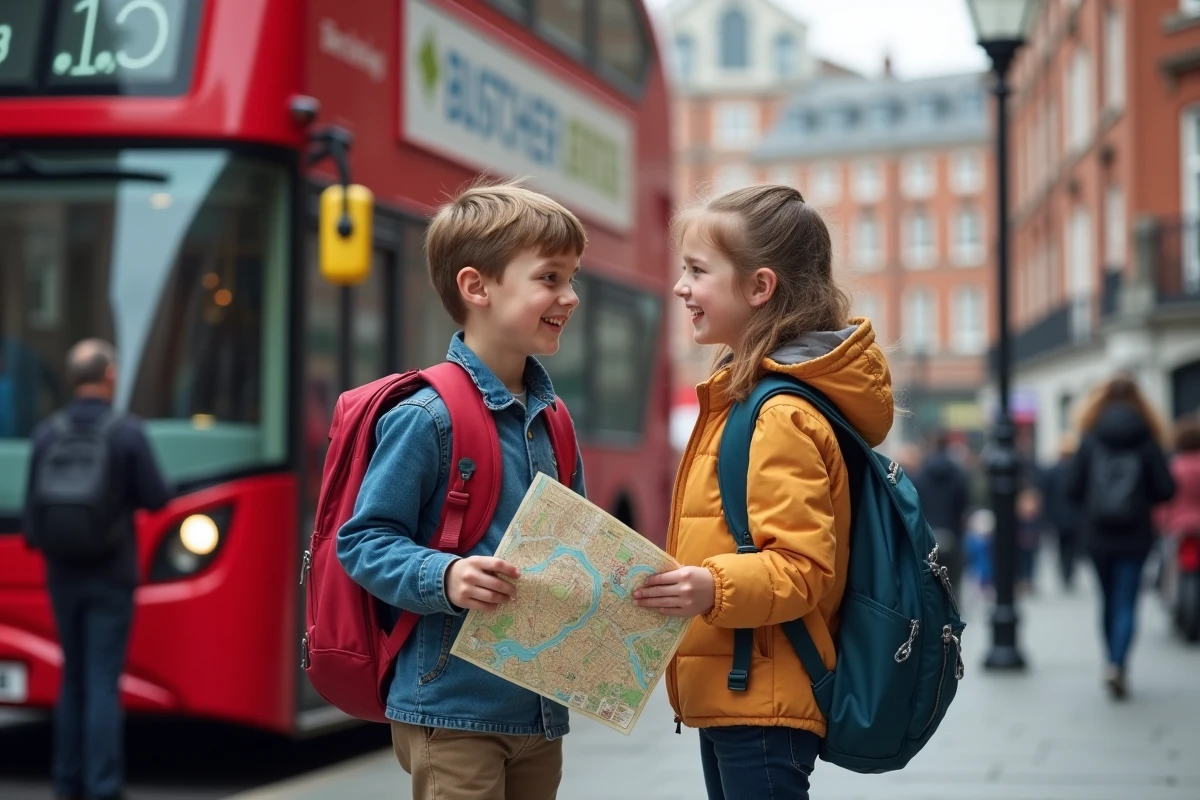 Enfants en vacances scolaires londoniennes devant un bus rouge à impériale typique de Londres