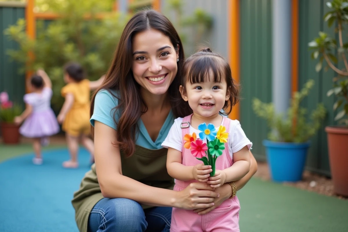 Assistante aidant un enfant avec un bouquet en papier