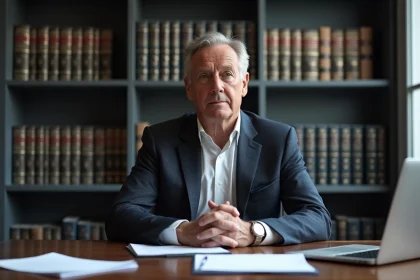 Homme distingué en costume marine assis à une table de conférence parisienne, ambiance intellectuelle et feutrée évoquant la vie publique et privée d'un expert reconnu