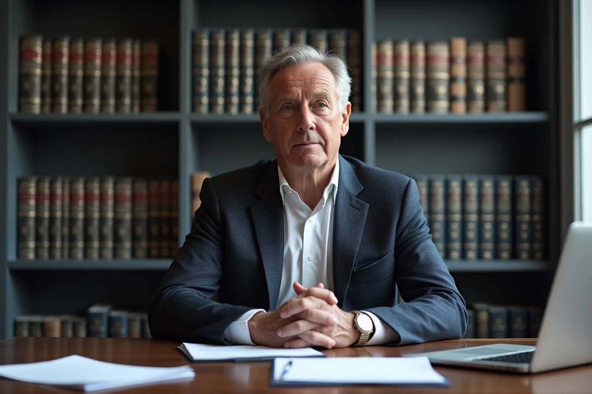 Homme distingué en costume marine assis à une table de conférence parisienne, ambiance intellectuelle et feutrée évoquant la vie publique et privée d'un expert reconnu