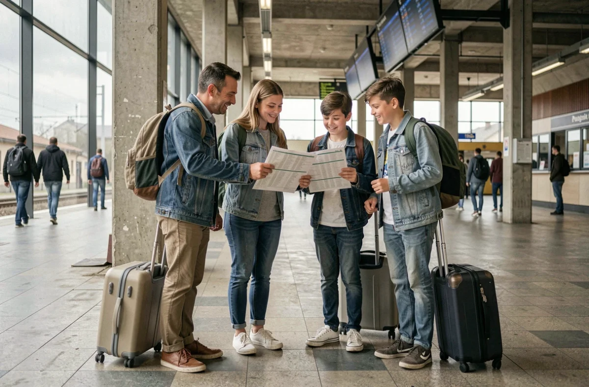 Famille avec adolescents dans une gare ferroviaire lors de départs en vacances scolaires, illustrant les trajets pendant les périodes de congés 2026-2027