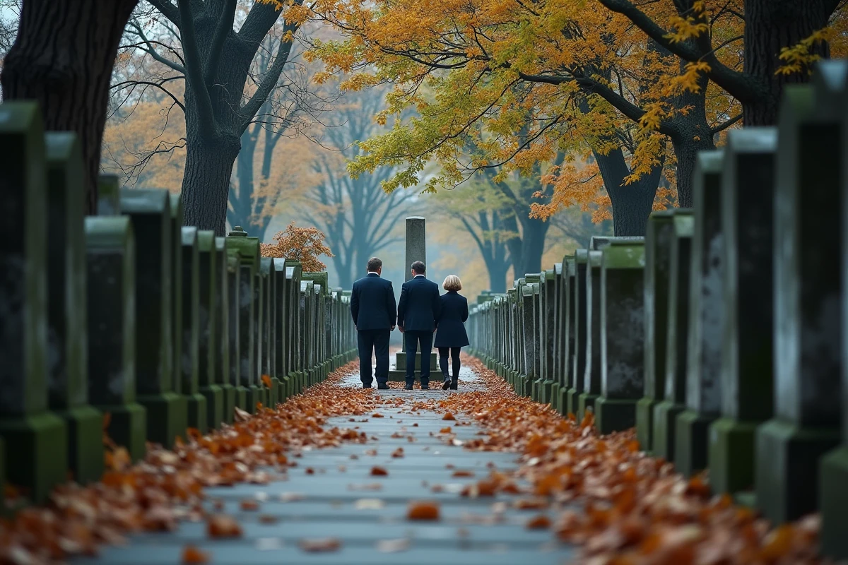 Groupe de proches en deuil recueillis dans un cimetière lors d'un enterrement organisé en urgence selon les délais légaux