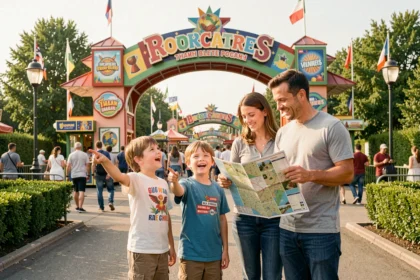 Famille de quatre personnes devant l'entrée d'un parc d'attractions, enfants pointant les attractions avec enthousiasme