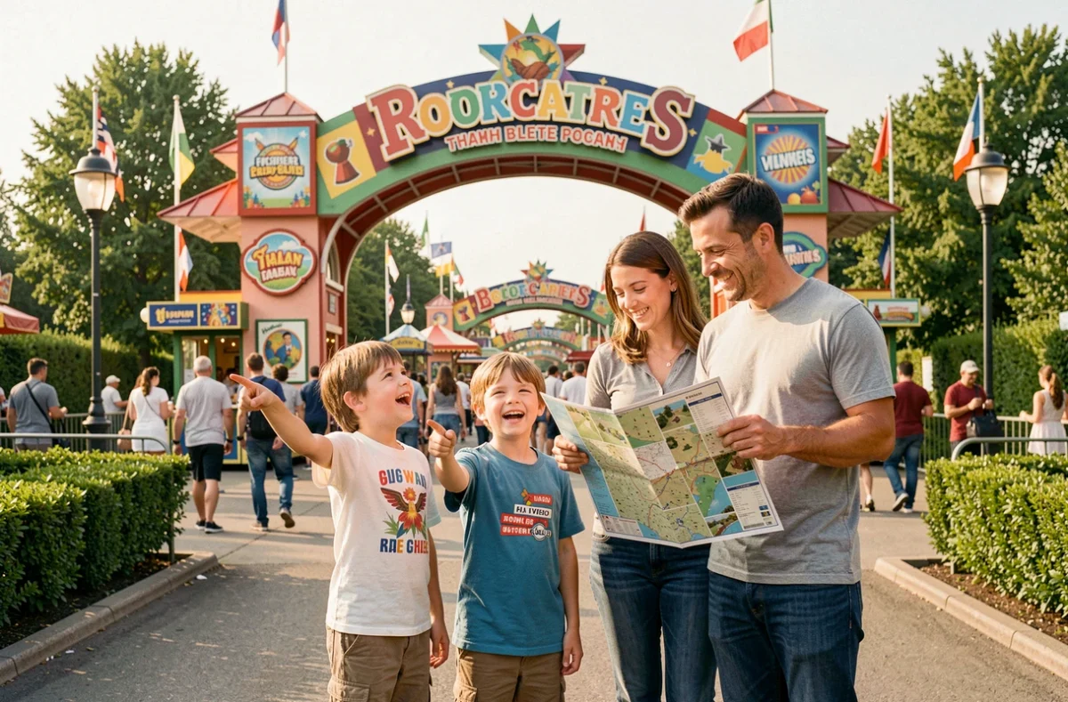 Famille de quatre personnes devant l'entrée d'un parc d'attractions, enfants pointant les attractions avec enthousiasme