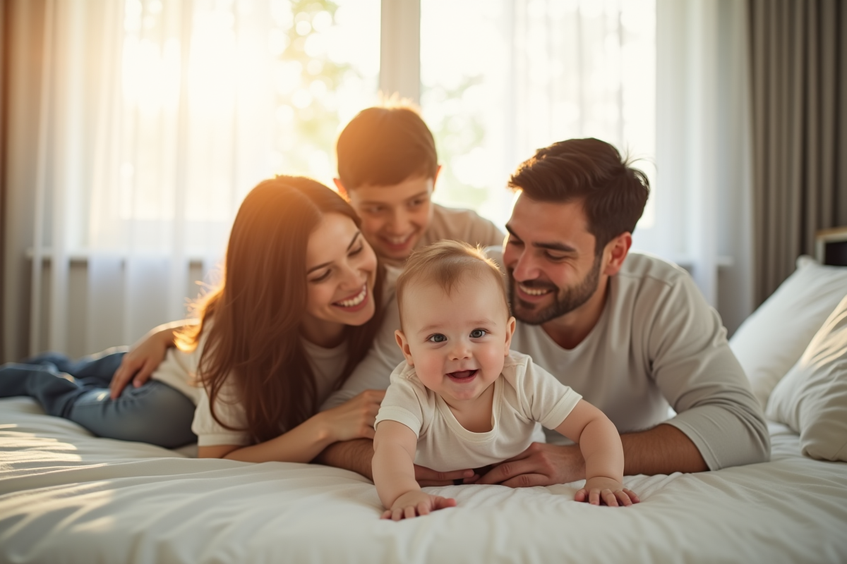 Famille souriante avec bébé matin ensoleille scene familiale